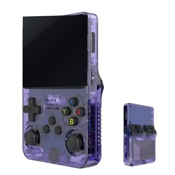 Elinose retro handheld game console in Cosmic Purple crystal shell, front and side view