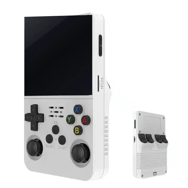 Elinose retro handheld game console in Arctic White, front and side view