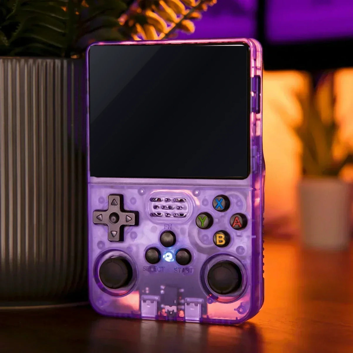 Elinose retro handheld game console in Cosmic Purple crystal shell, screen off