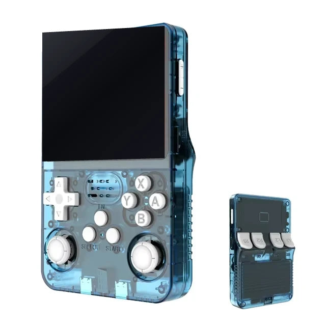 Elinose retro handheld game console in Lagoon Blue crystal shell, front and side view