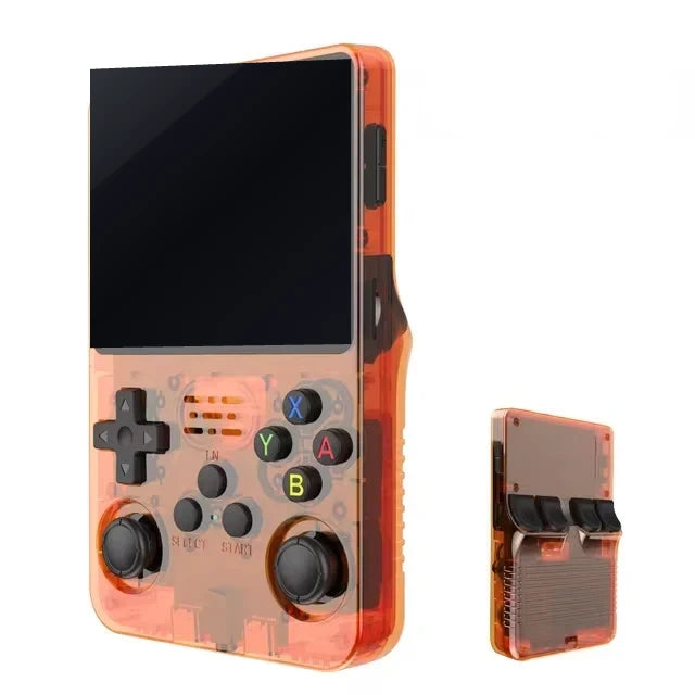 Elinose retro handheld game console in Sunset Orange crystal shell, front and side view